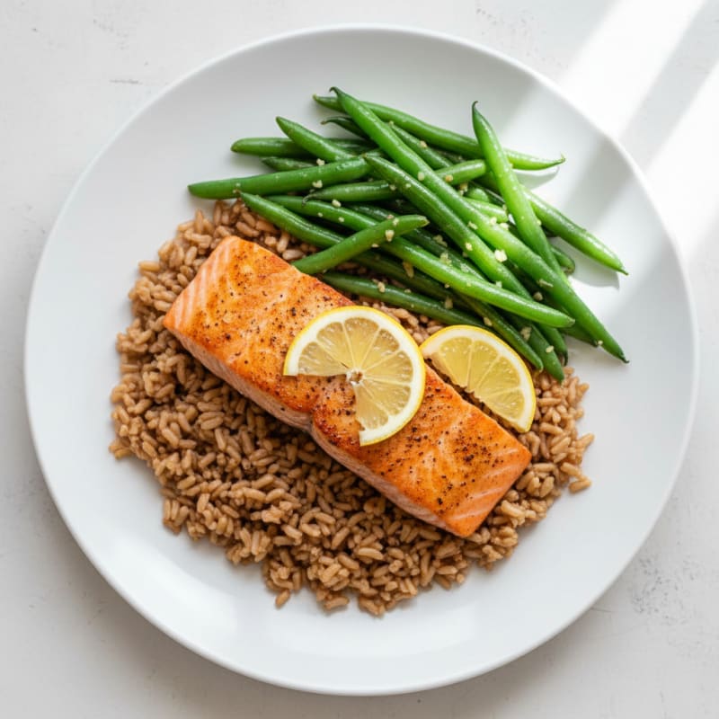 Seared Salmon with Garlic Green Beans and Brown Rice