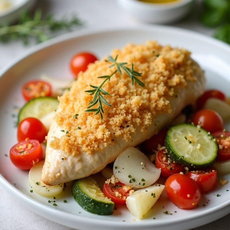 Creamy Chicken and Roasted Vegetable Bake with Golden Crumb Topping