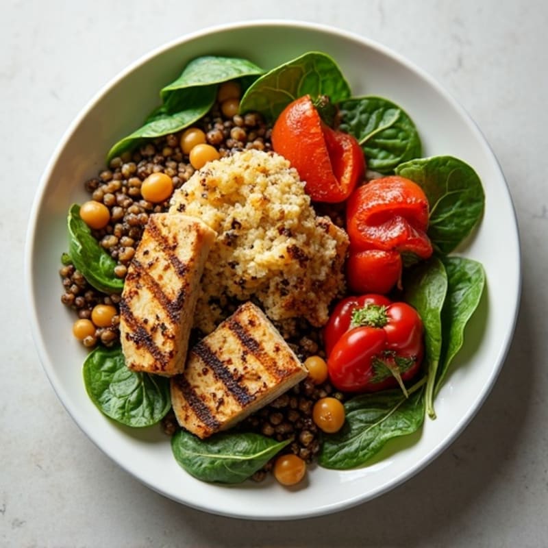 Grilled Tempeh and Lentil Salad with Spinach and Roasted Red Peppers