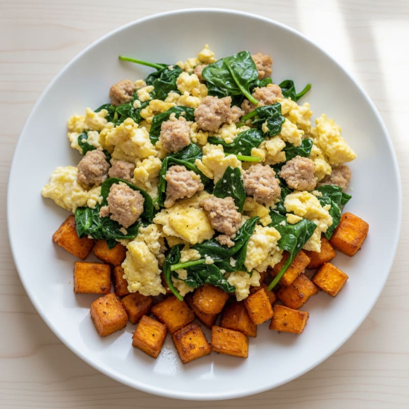 Egg White and Turkey Sausage Scramble with Spinach and Roasted Sweet Potato