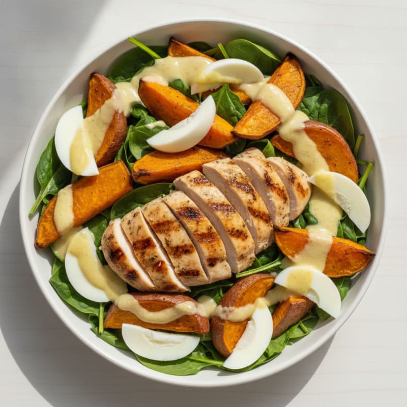 Grilled Chicken Breast Salad with Roasted Sweet Potatoes and Spinach