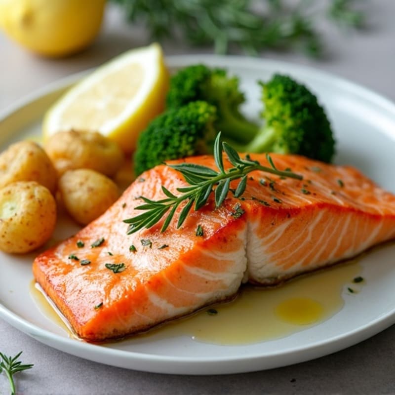 Lemon-Herb Roasted Salmon with Roasted Broccoli and Crispy New Potatoes