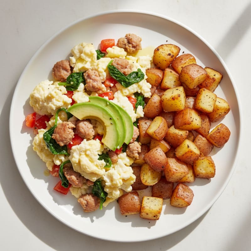 Egg White and Chicken Sausage Scramble with Roasted Potatoes