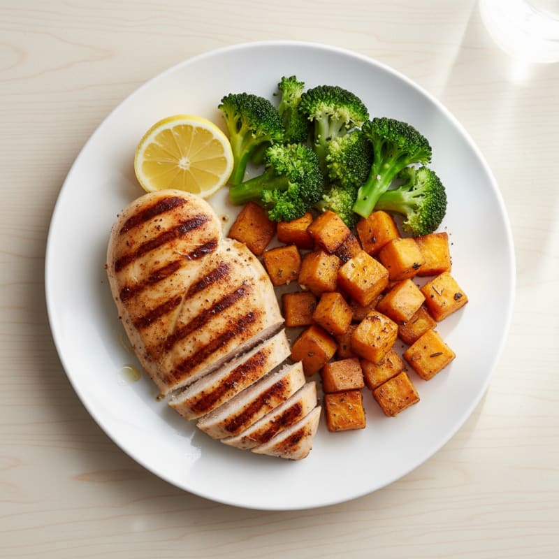 Grilled Chicken Breast with Roasted Sweet Potato and Steamed Broccoli