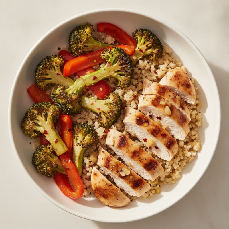 Grilled Chicken Quinoa Bowl with Roasted Broccoli and Red Peppers