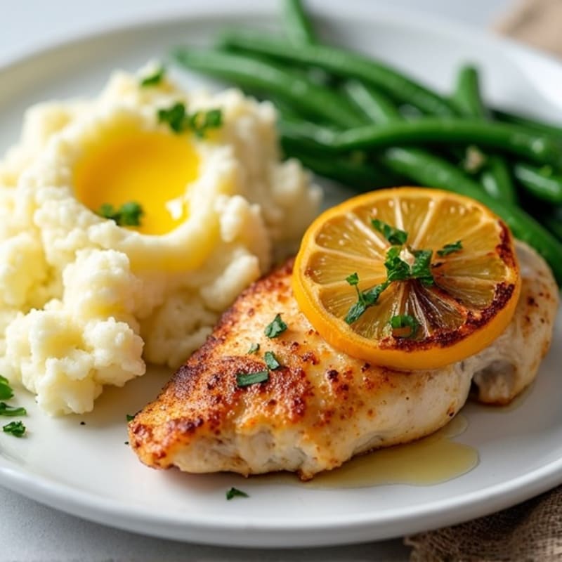 Lemon Garlic Pan-Seared Chicken with Buttery Garlic Mashed Potatoes and Crispy Green Beans