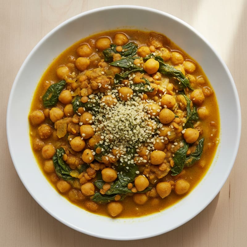 Lentil and Chickpea Stew with Silky Spinach and Hemp Seeds
