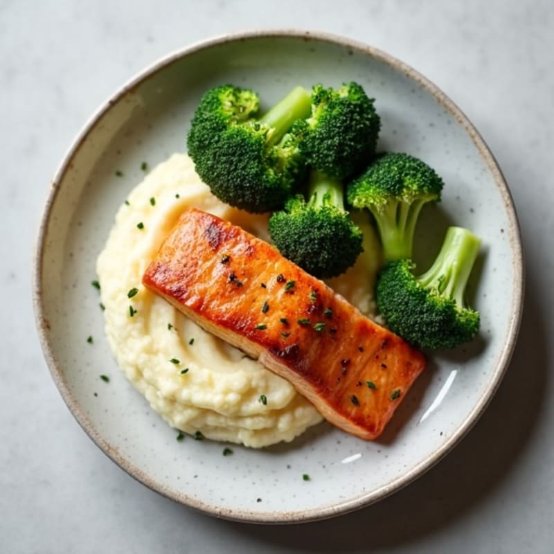 Seared Salmon with Steamed Broccoli and Cauliflower Mash