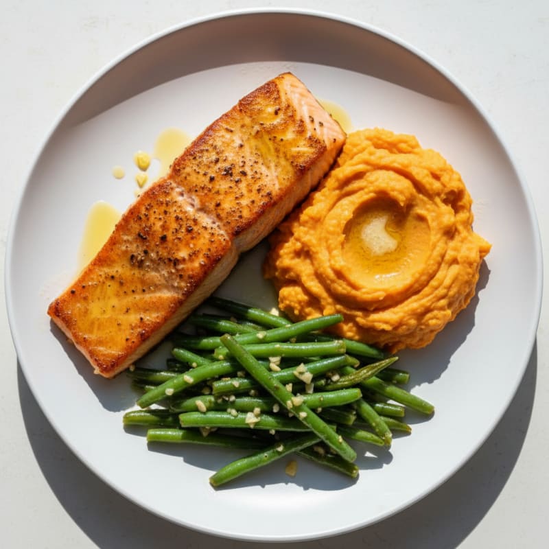 Seared Salmon with Garlic Green Beans and Mashed Sweet Potato