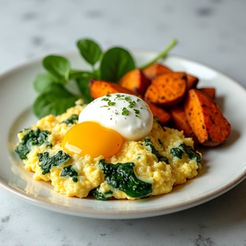 Egg White and Spinach Scramble with Cottage Cheese and Roasted Sweet Potatoes