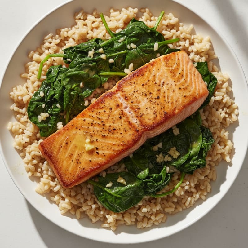 Seared Salmon with Garlic Spinach and Brown Rice