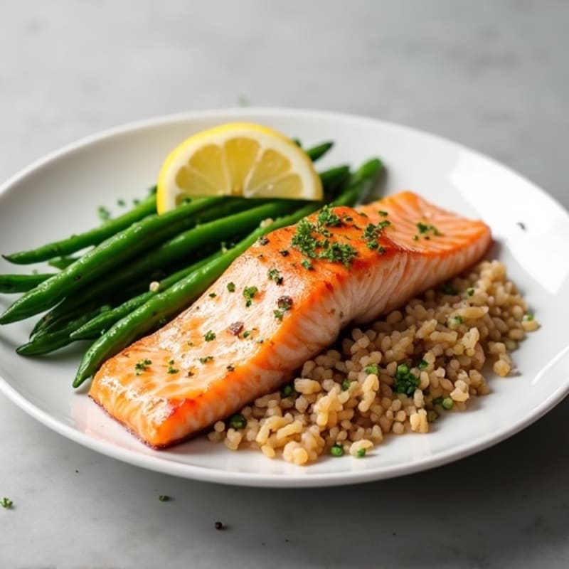 Seared Salmon with Garlic Green Beans and Brown Rice