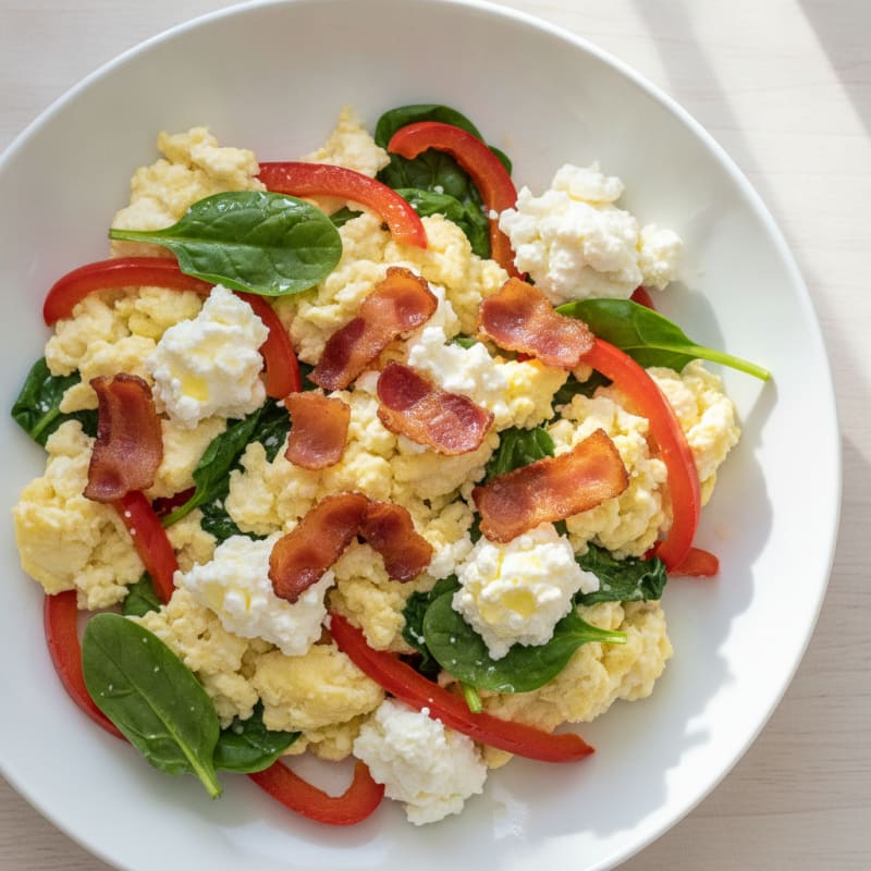 Egg White Veggie Scramble with Cottage Cheese and Turkey Bacon