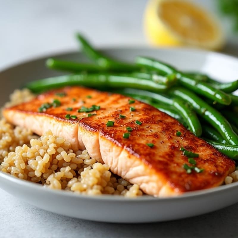 Seared Salmon Fillet with Garlic Green Beans and Brown Rice