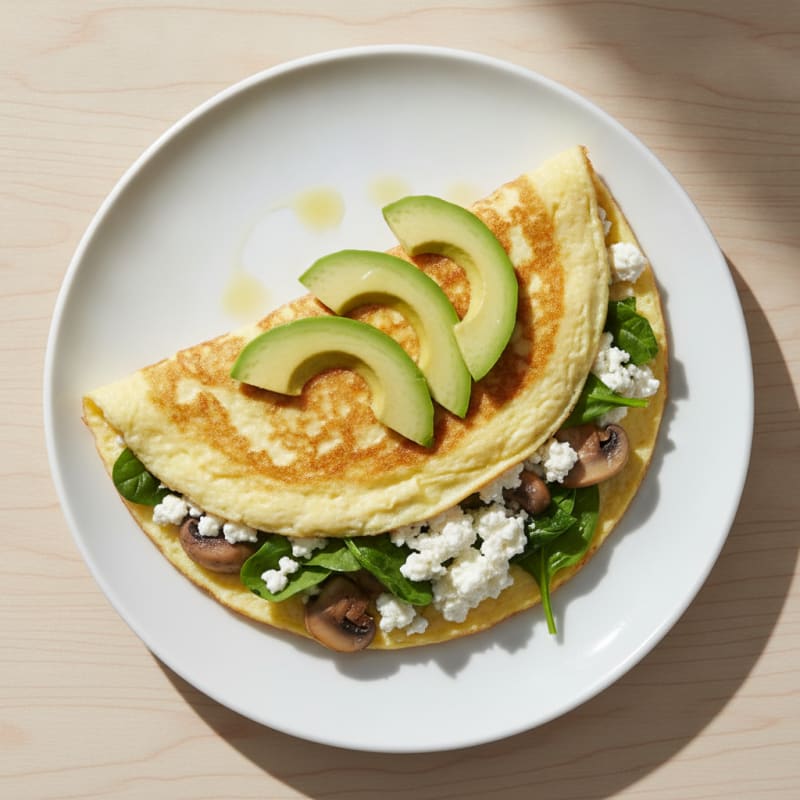 Egg White Spinach Omelette with Cottage Cheese and Sautéed Mushrooms