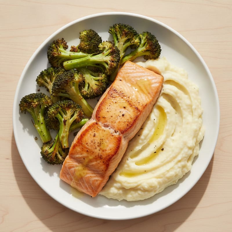 Seared Salmon Fillet with Roasted Broccoli and Garlic Mashed Cauliflower
