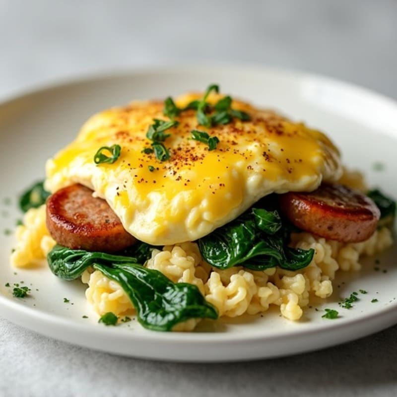Egg White Scramble with Turkey Sausage and Sautéed Spinach