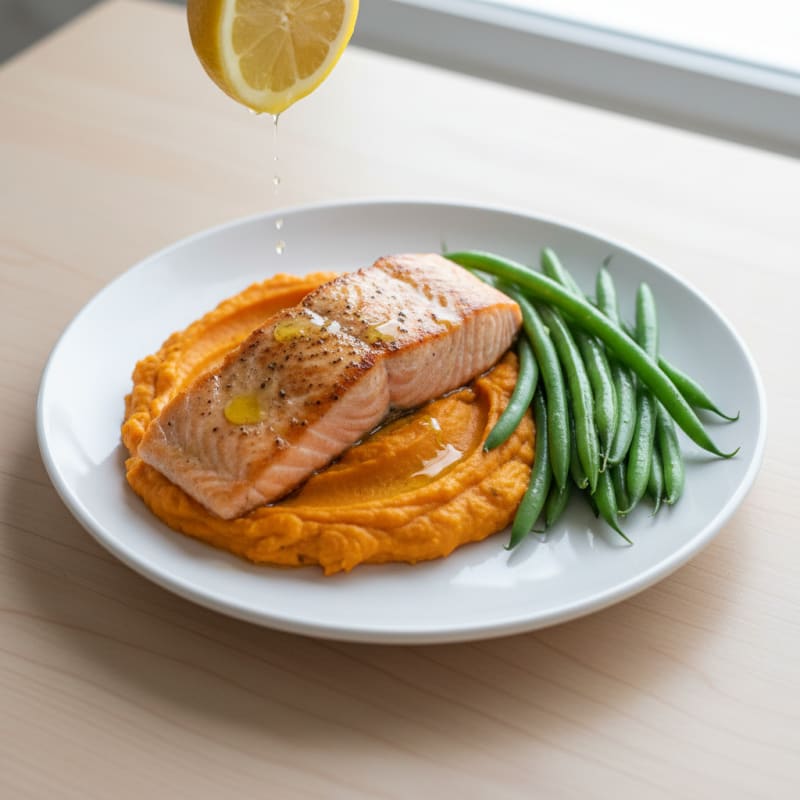 Seared Salmon Fillet with Steamed Green Beans and Sweet Potato Mash