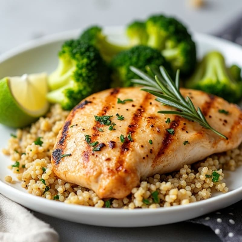 Grilled Lemon Herb Chicken with Quinoa and Steamed Broccoli