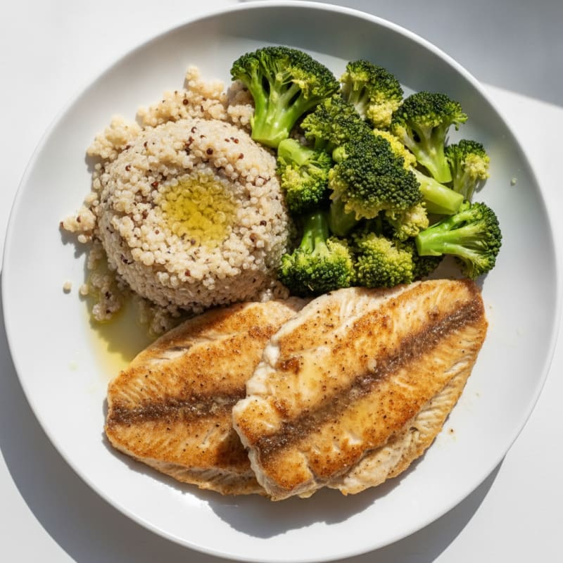 Seared Tilapia with Steamed Broccoli and Quinoa