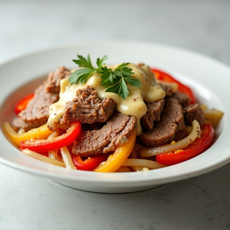 Lean Sliced Beef with Sautéed Peppers and Onions, Creamy Provolone Sauce