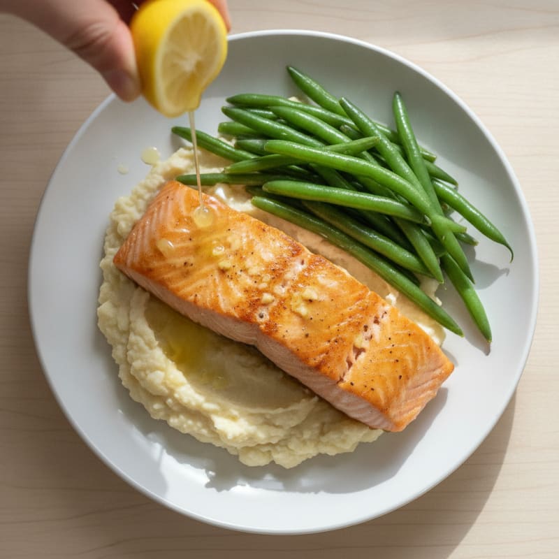 Seared Salmon with Steamed Green Beans and Cauliflower Mash