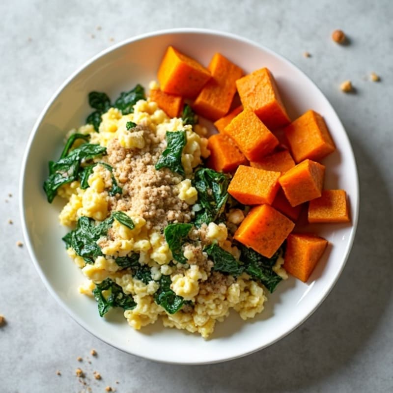 Egg White and Turkey Spinach Scramble with Roasted Sweet Potatoes
