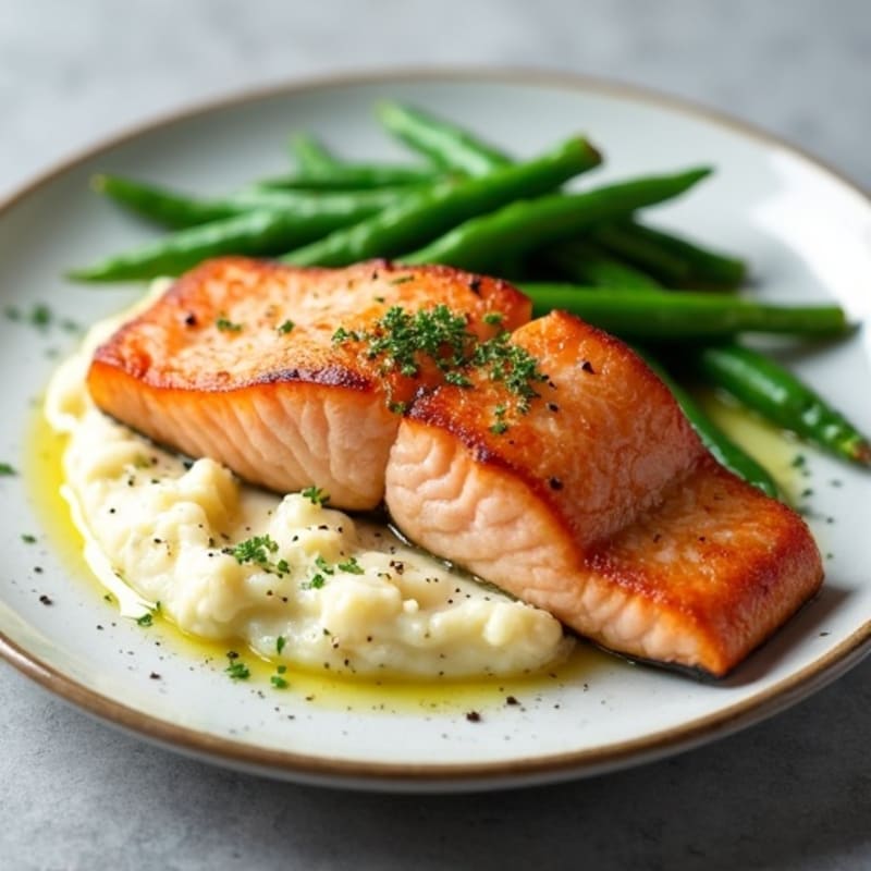 Seared Salmon with Steamed Green Beans and Garlic Cauliflower Mash