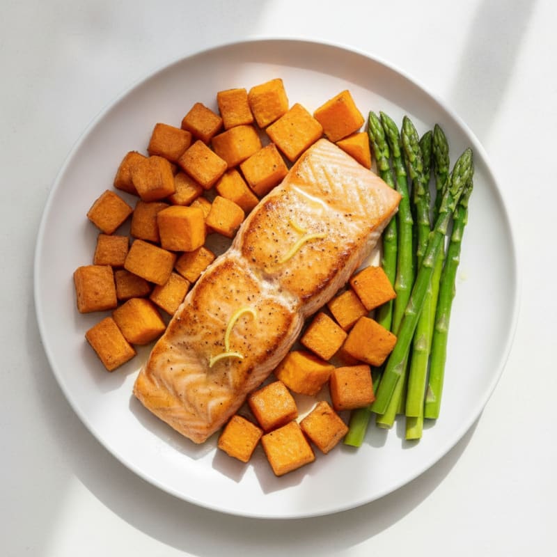 Seared Salmon Fillet with Roasted Sweet Potatoes and Asparagus