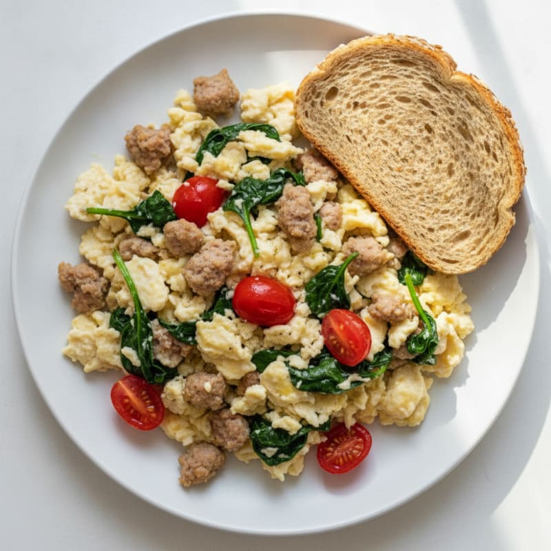 Egg White and Turkey Sausage Scramble with Spinach and Tomatoes