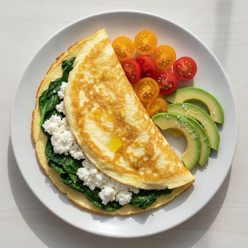 Egg White and Spinach Omelet with Cottage Cheese and Tomatoes