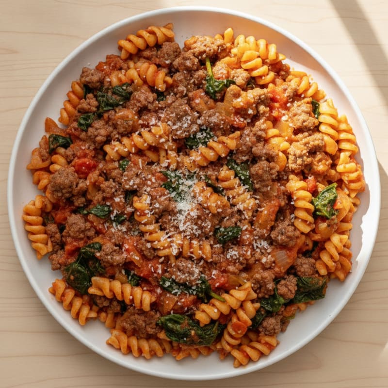 Hearty Ground Beef Tomato Pasta Skillet