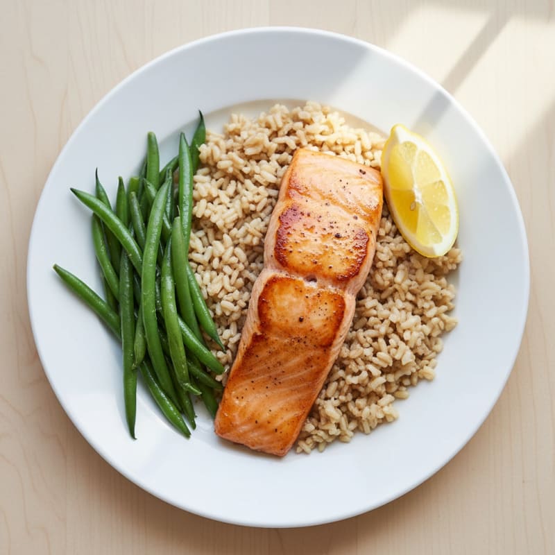 Seared Salmon with Steamed Green Beans and Brown Rice