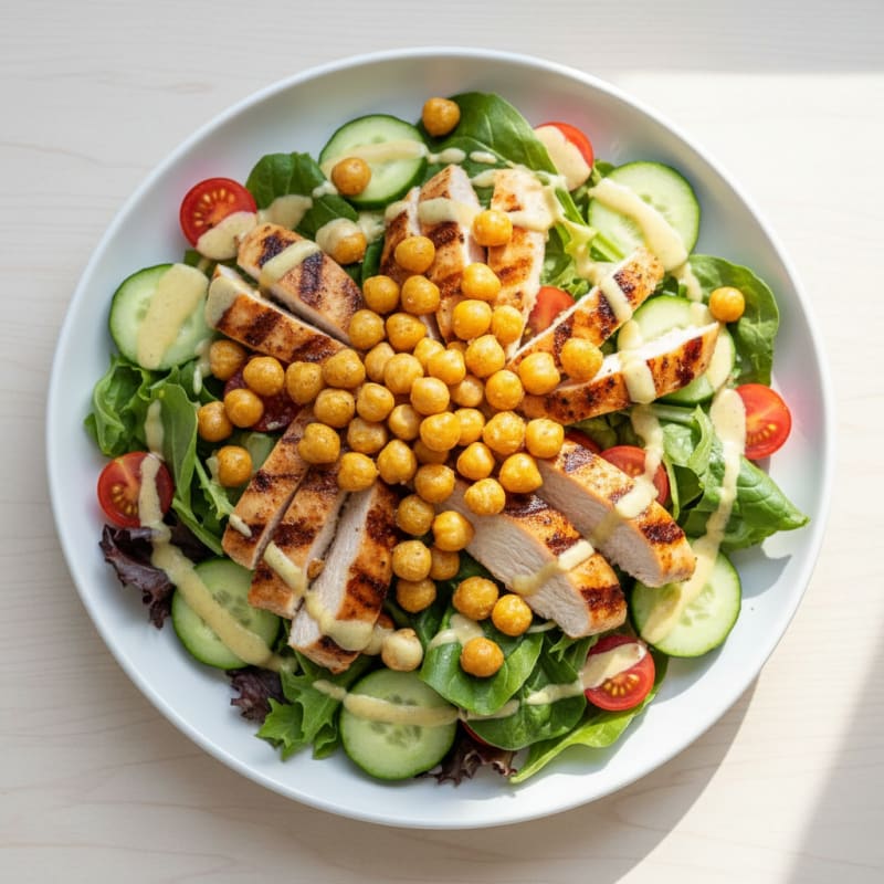 Grilled Chicken Salad with Crunchy Chickpeas and Lemon-Tahini Dressing