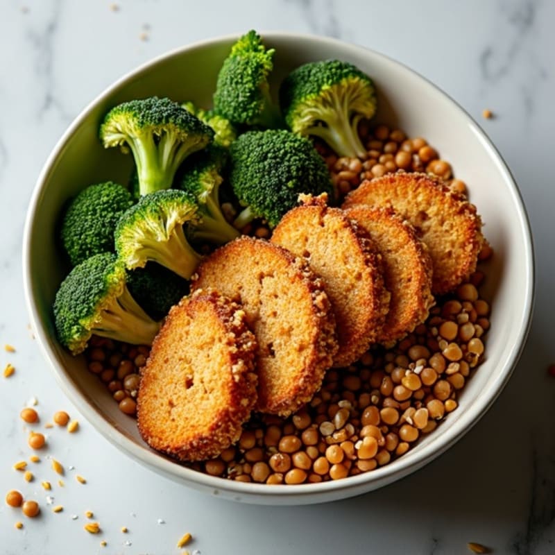 Crispy Tempeh and Lentil Power Bowl with Roasted Broccoli