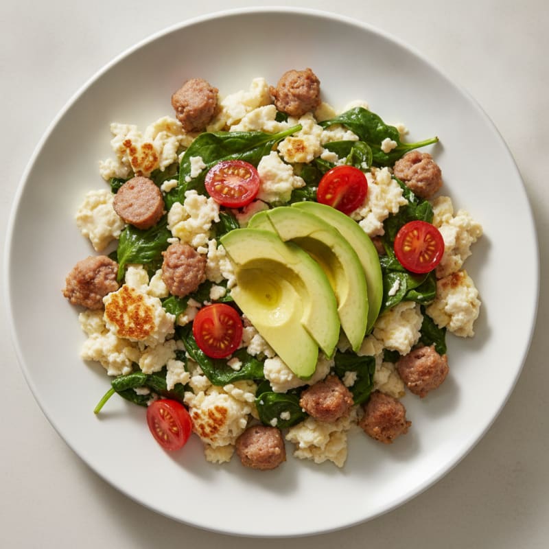 Egg White and Turkey Sausage Scramble with Sautéed Spinach