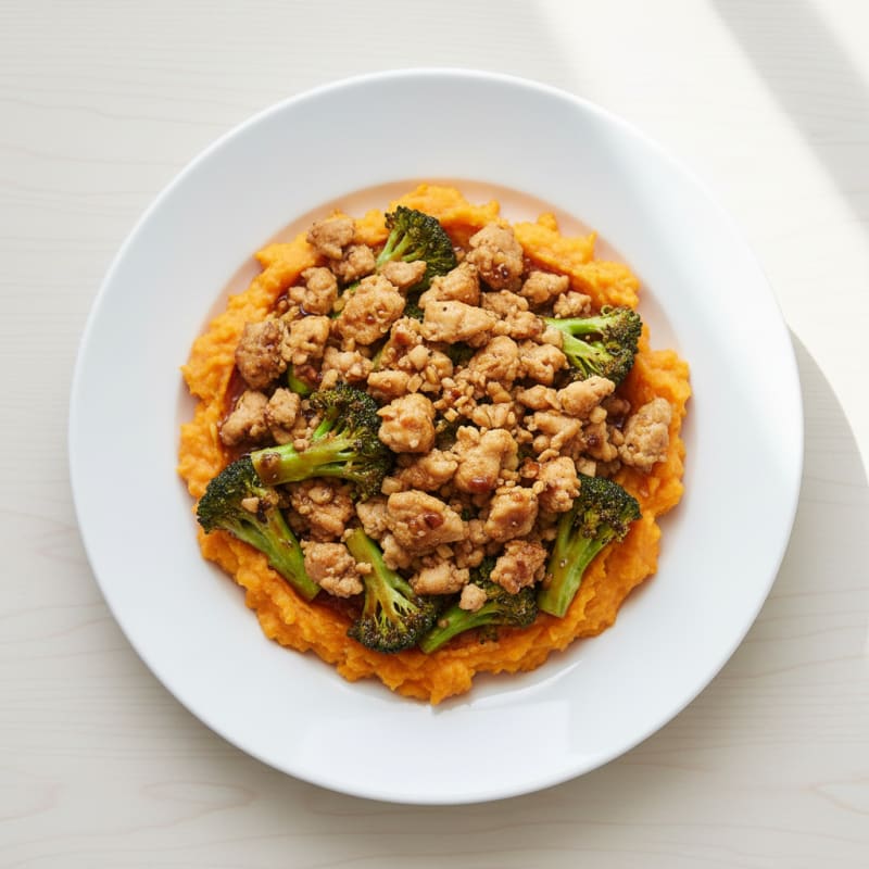 Ground Chicken and Broccoli Stir-Fry with Sweet Potato Mash