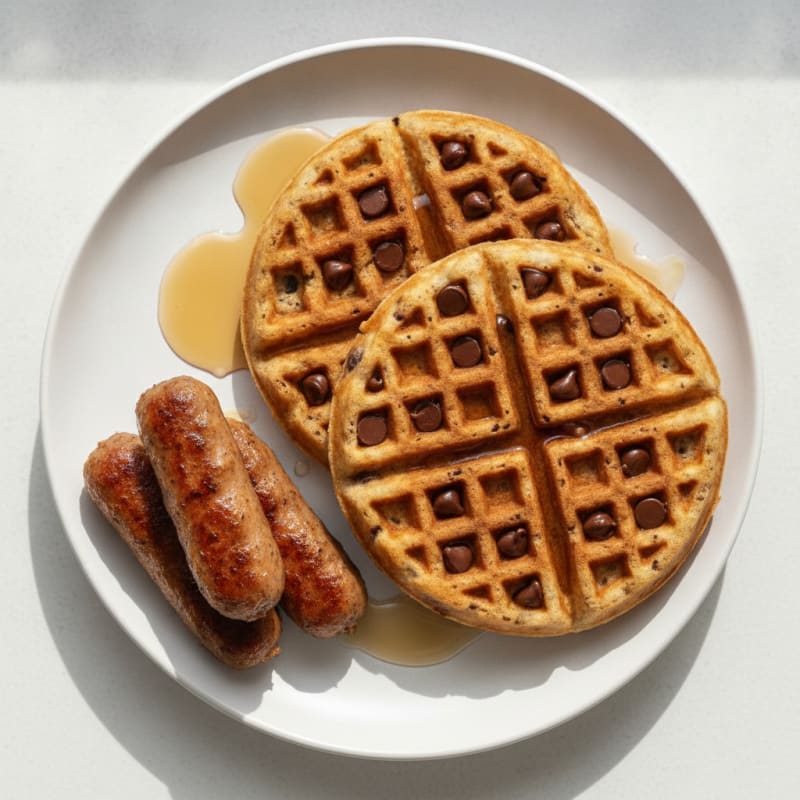 Chocolate Chip Protein Waffles with Sausage