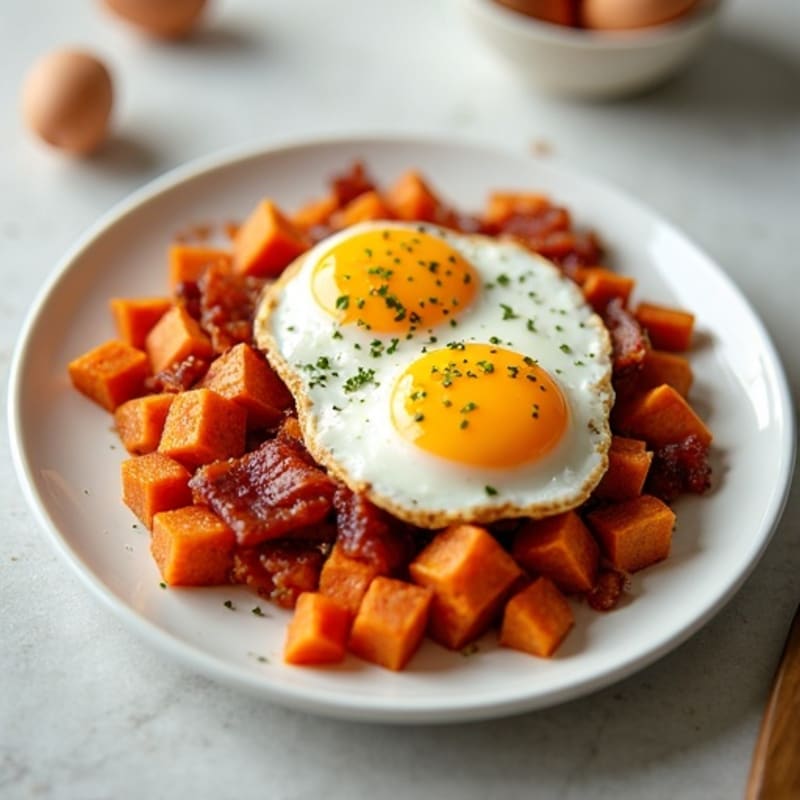 Sweet Potato Hash with Crispy Bacon and Eggs