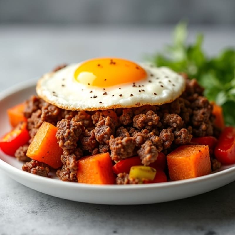 Spiced Ground Beef and Roasted Sweet Potato Hash