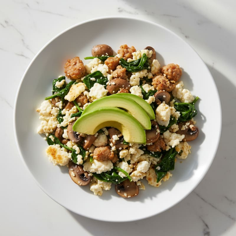 Egg White Spinach Scramble with Turkey Sausage and Sautéed Mushrooms