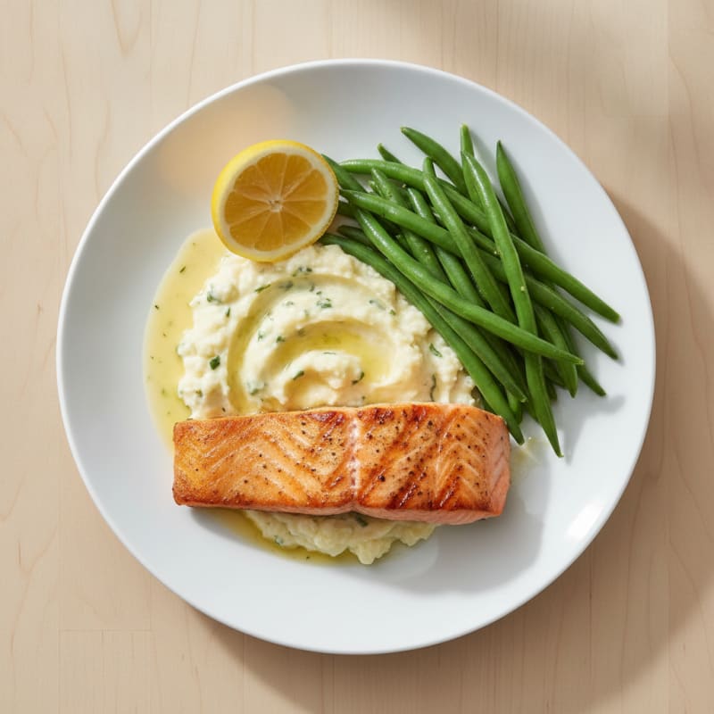 Seared Salmon with Steamed Green Beans and Garlic Mashed Cauliflower