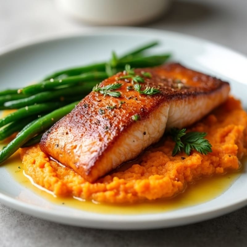 Seared Salmon Filet with Steamed Green Beans and Sweet Potato Mash
