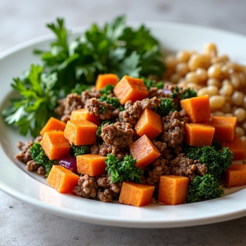 Lean Ground Beef and Sweet Potato Hash with Crispy Kale