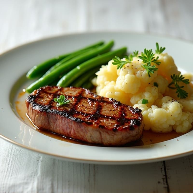 Seared Sirloin Steak with Garlic Green Beans and Mashed Cauliflower