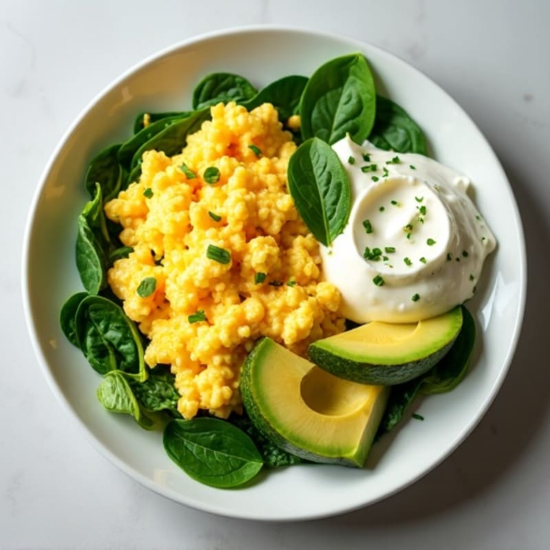 Fluffy Scrambled Eggs with Fresh Spinach and Creamy Avocado