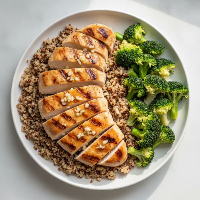 Grilled Lemon-Garlic Chicken Breast with Quinoa and Steamed Broccoli