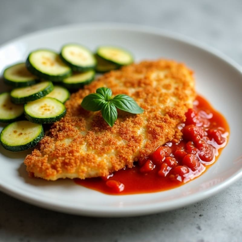 Crispy Baked Chicken Cutlets with Fresh Marinara and Roasted Zucchini