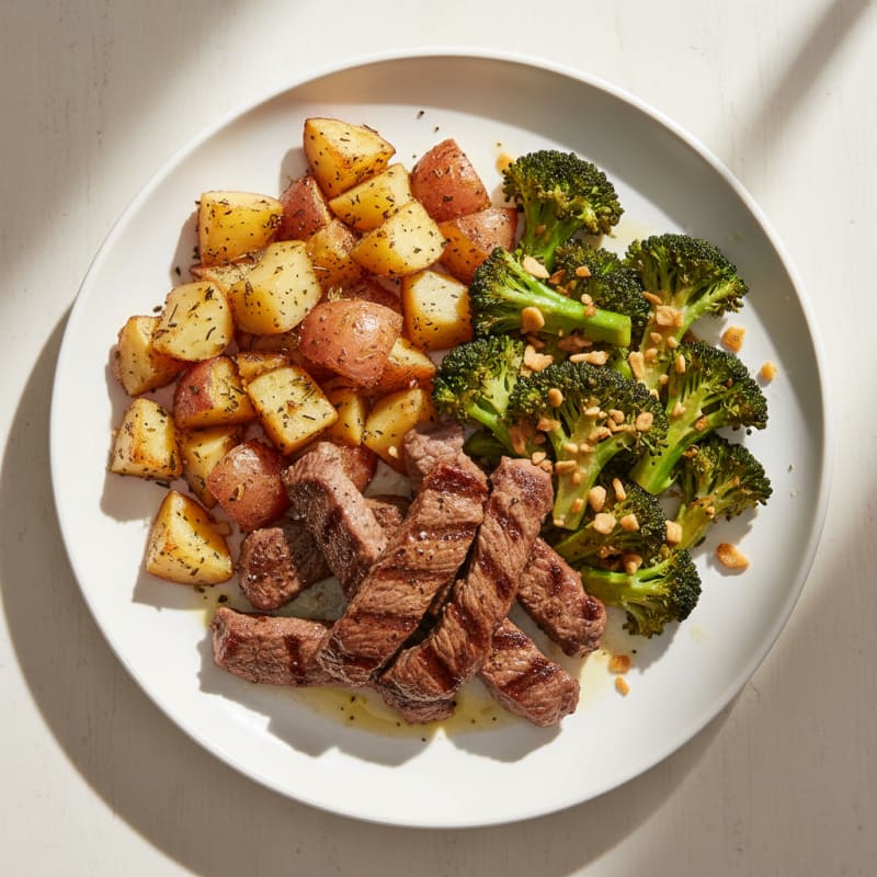 Seared Beef Strips with Roasted Potatoes and Garlic Broccoli