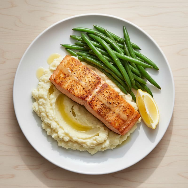 Seared Salmon with Steamed Green Beans and Garlic Mashed Cauliflower